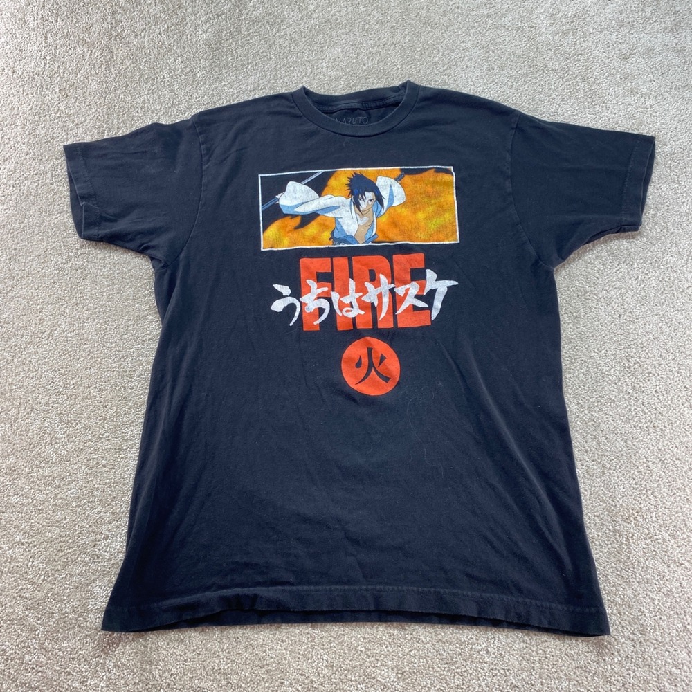Naruto Shirt‎ Mens Size Large Black Shippuden Sasuke Fire Anime Graphic Tee